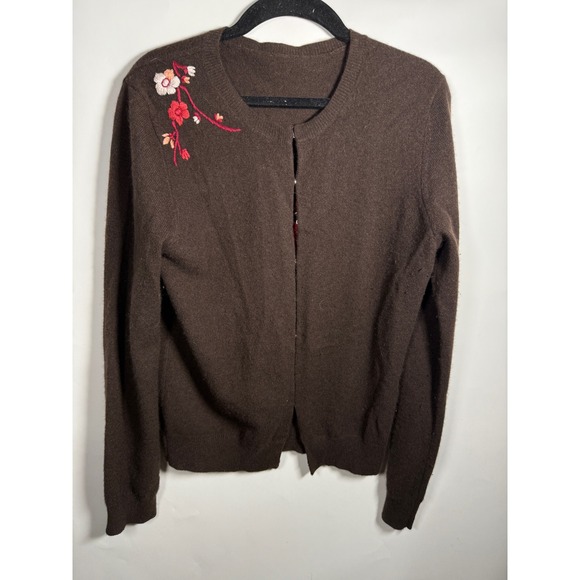 Sweaters - Brown Embroidered Floral Cardigan Sweater Women's Long Sleeve‎ Button Up Med